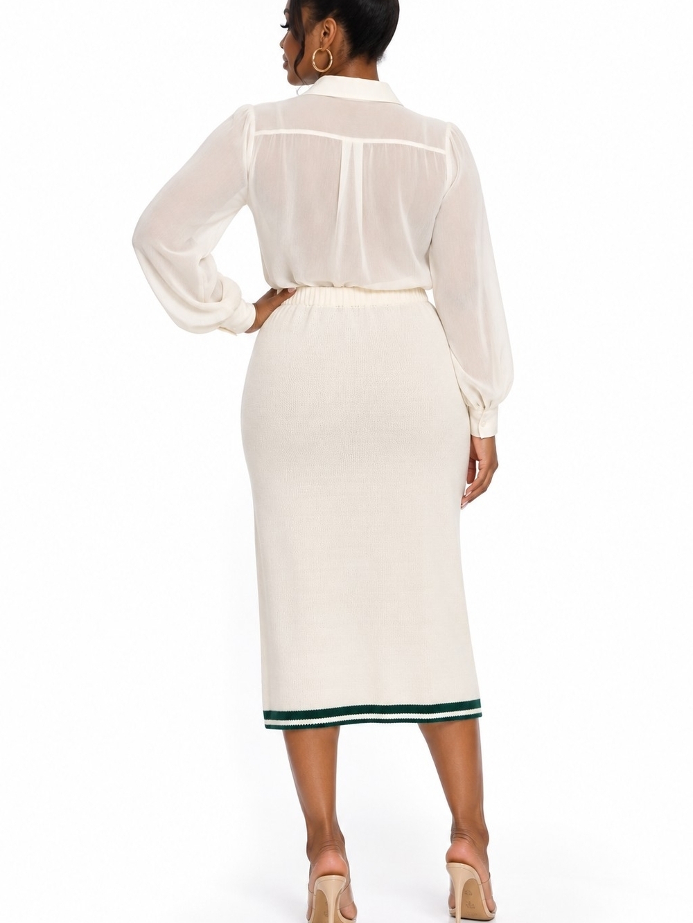 Cream Knit Midi Skirt with Contrast Trim - Picture 2 of 9